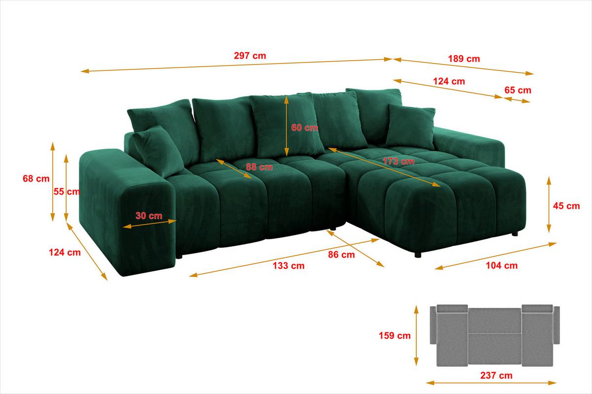 ECKSOFA Ottomane rechts ENIL-L 297x189x68 Dunkelgrün Velours - Dunkelgrün, Holzwerkstoff/Kunststoff (189/297cm) - ALTDECOR