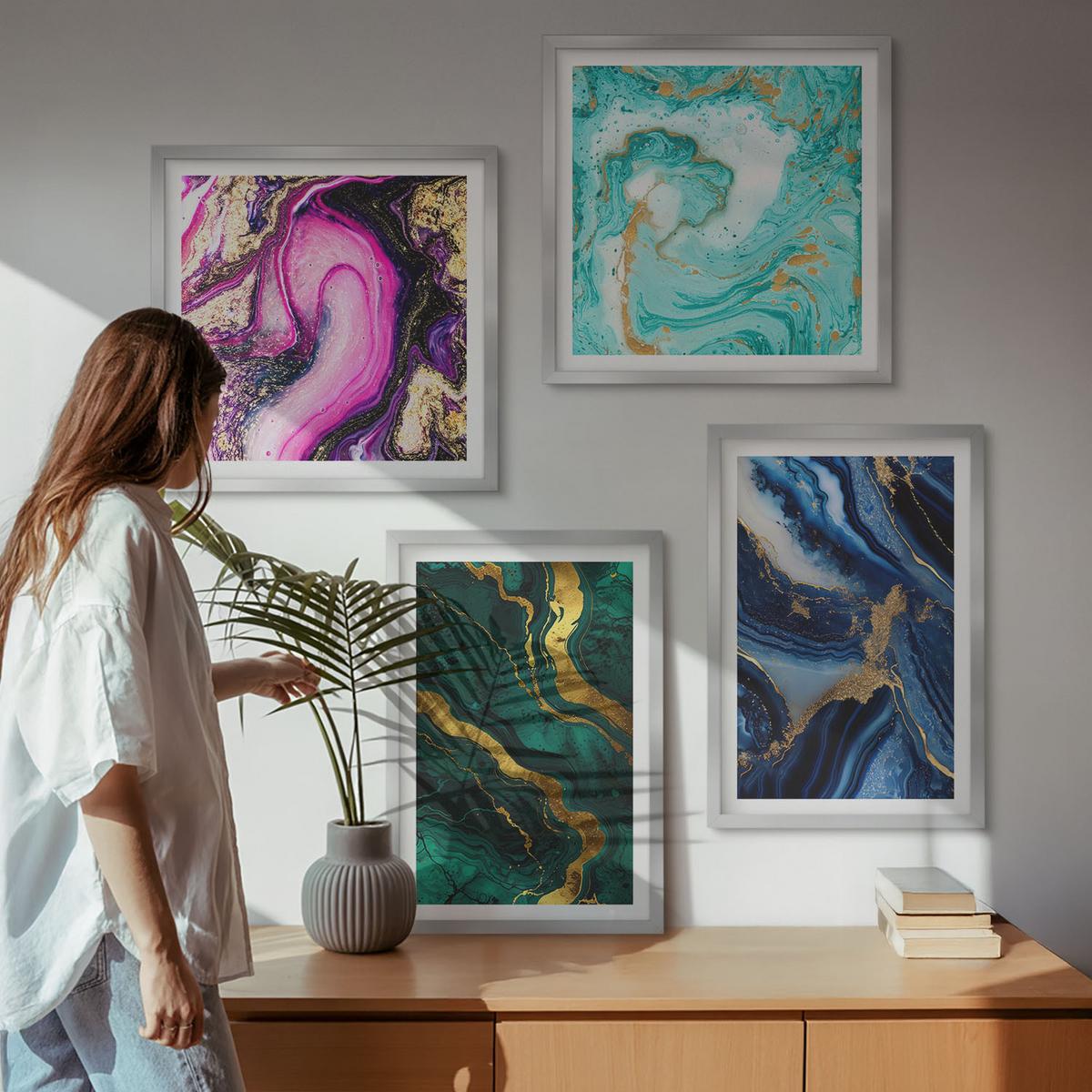 BILDER SET 4er Set - 50x50 cm & 40x60 cm Silberner Rahmen - Abstrakte Muster in Rosa, Grün und Blau - Silberfarben, Kunststoff (50/50cm) - TULUP