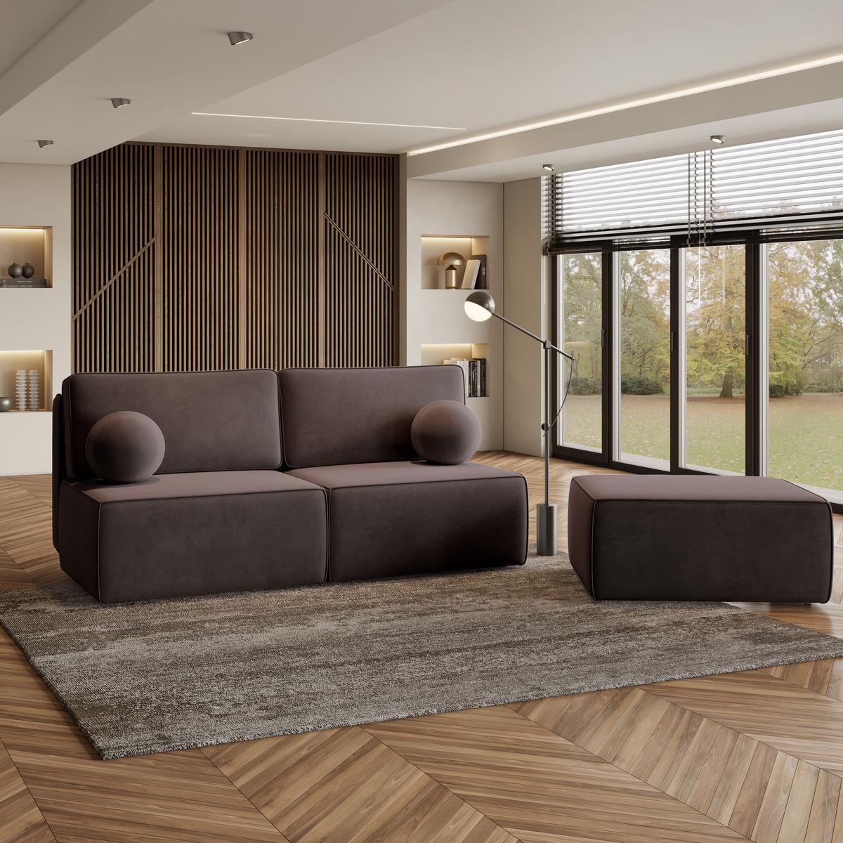 ECKSOFA VARNA M Braun Velours-Stoff mit Schlaffunktion - Braun/Grau, Holz/Kunststoff (196/158cm) - MASSENO