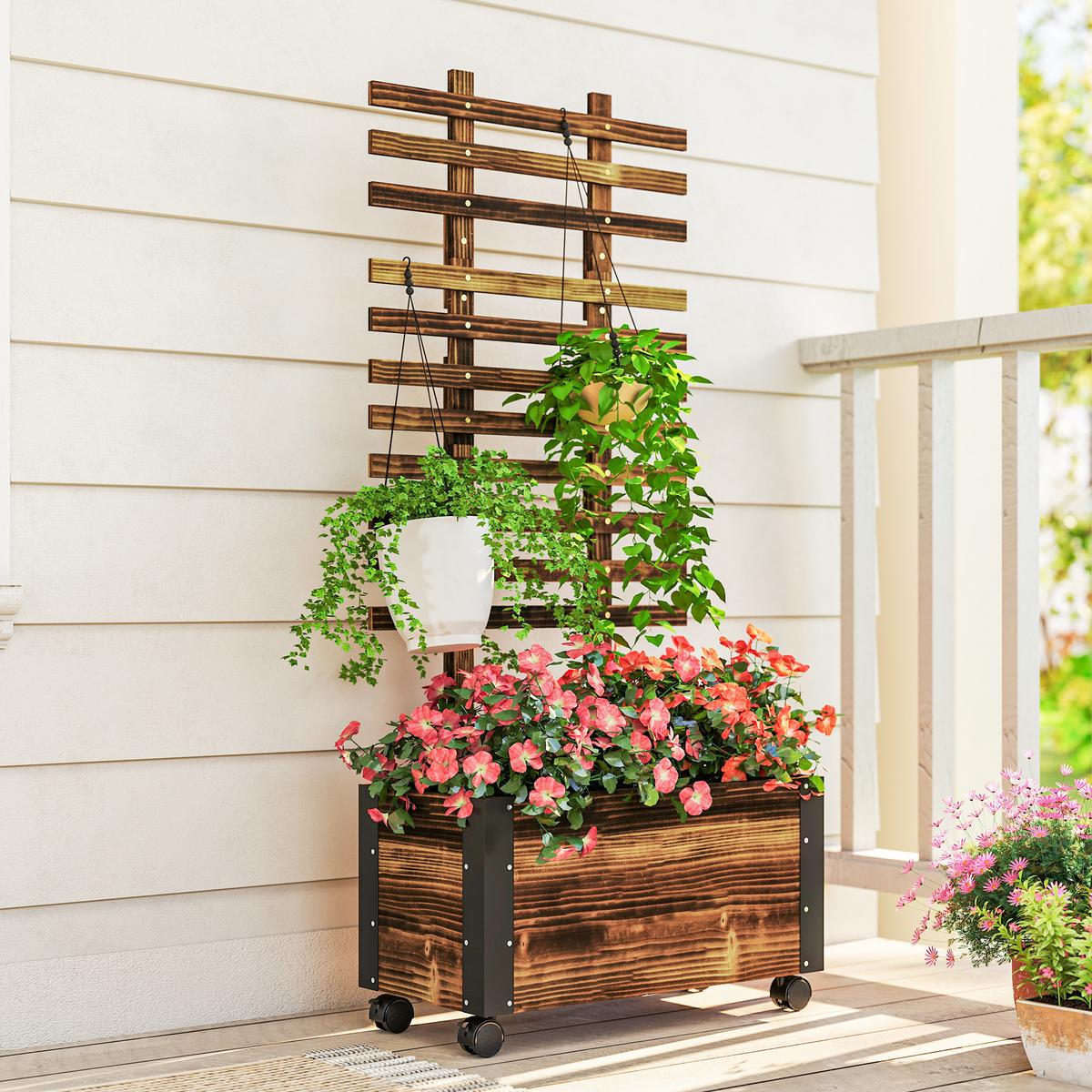 HOCHBEET mit Rankgitter, Blumenkasten mit Rollen, für Kletterpflanzen, Holz, Verkohlt - Dunkelbraun, Holz (31/147/65cm) - Outsunny
