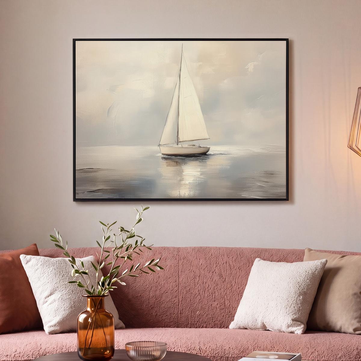 LEINWAND Bilder mit Rahmen - Segelschiff - Meer - Bewölkt - 100x70 - Creme, Textil (100/70cm) - MuchoWow
