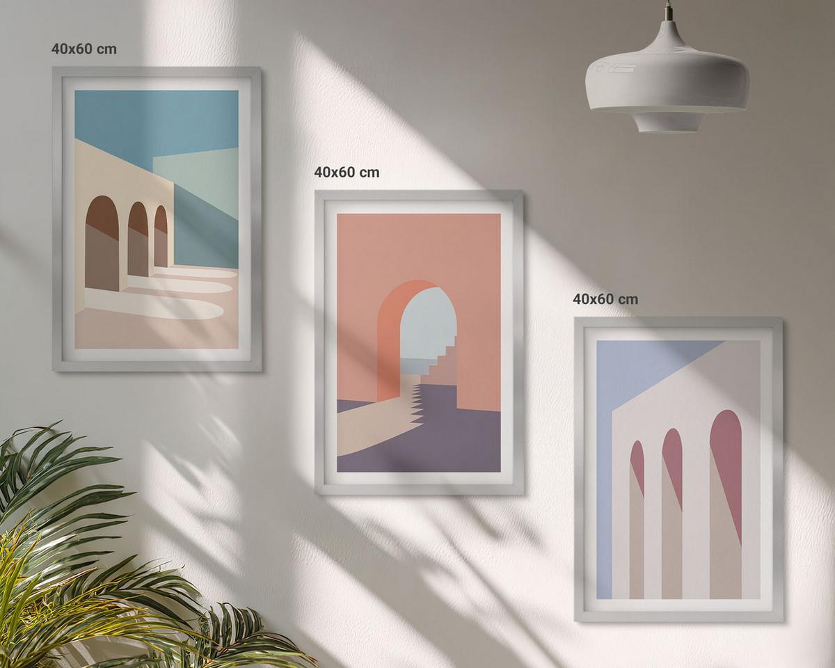 BILDER SET 3er Set - 40x60 cm Silberner Rahmen - Architekturgrafiken in Pastellfarben - Silberfarben, Kunststoff (40/60cm) - TULUP