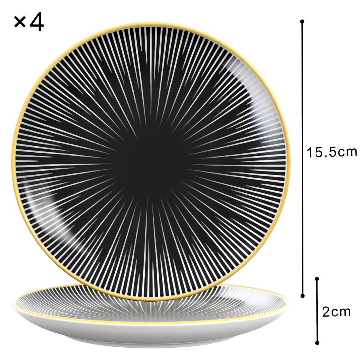 TELLER Porzellan Muster Gestreift (4-tlg.) - Schwarz, Keramik (15.3/2/15.3cm) - Intirilife