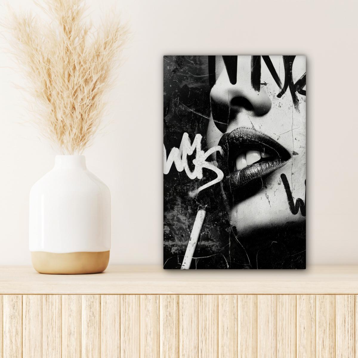 LEINWANDBILD Gesicht - Mund - Graffiti - Schwarz Deko Wohnzimmer 20x30 cm - Schwarz, Textil (20/30cm) - MuchoWow