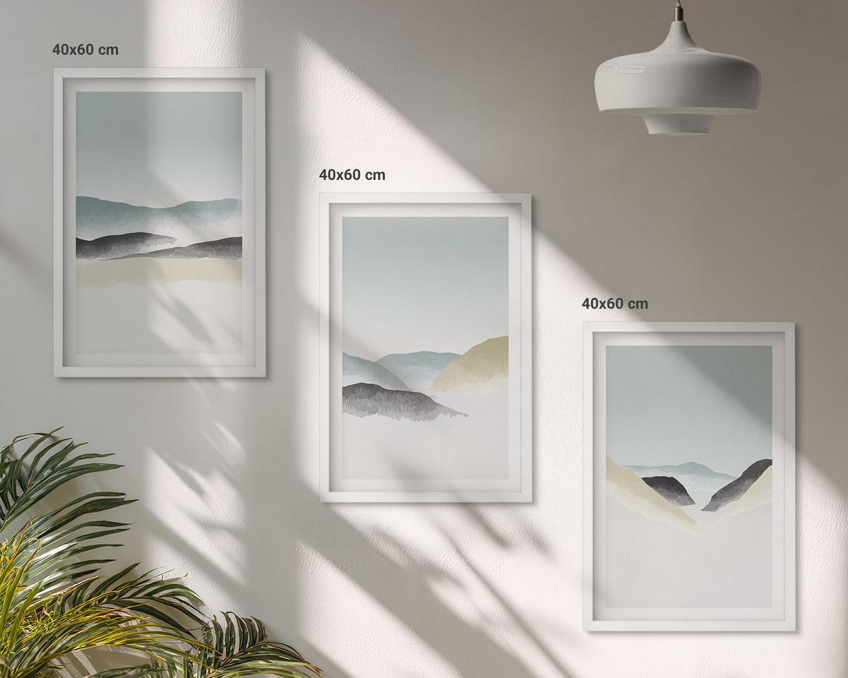 BILDER SET 3er Set - 40x60 cm Weißer Rahmen - Minimalistische Pastellberge - Weiß, Kunststoff (40/60cm) - TULUP