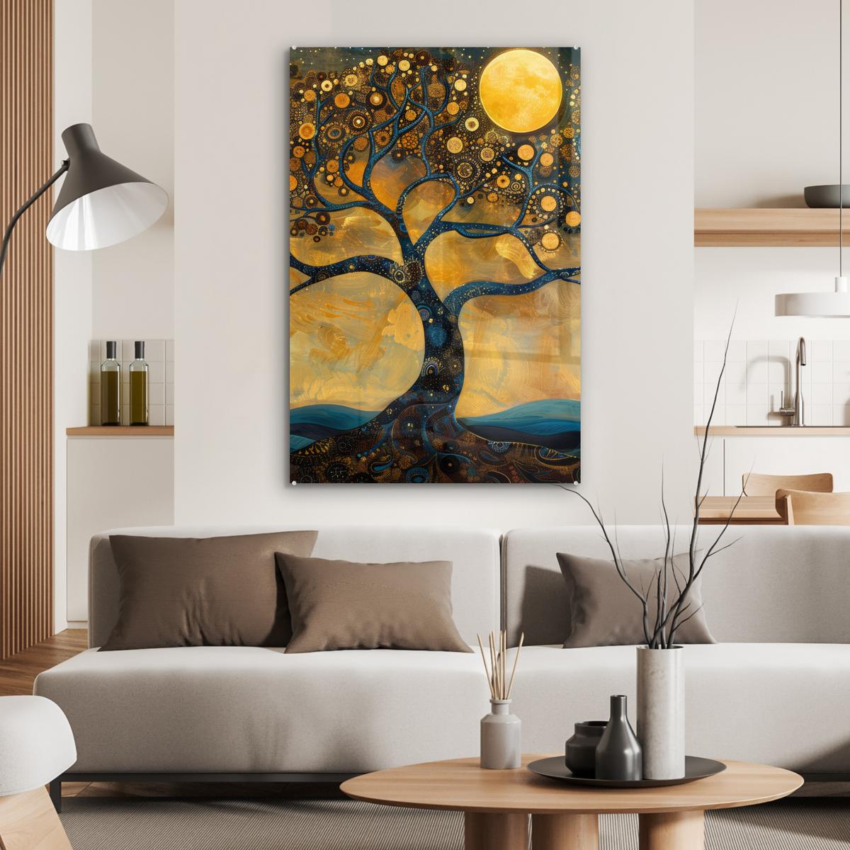 ACRYLGLASBILD Baum - Mond - Blumen - Gold - Kunst 80x120 cm - Orange, Glas (80/120cm) - MuchoWow