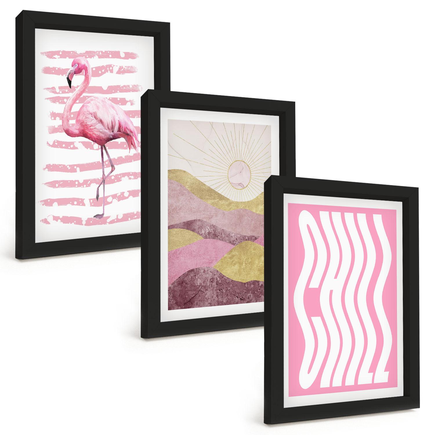 BILDER SET 3er Set - 20x30 cm Schwarzer Rahmen - Pastelllandschaft mit rosa Flamingos - Schwarz, Kunststoff (20/30cm) - TULUP