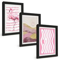 BILDER SET 3er Set - 20x30 cm Schwarzer Rahmen - Pastelllandschaft mit rosa Flamingos - Schwarz, Kunststoff (20/30cm) - TULUP