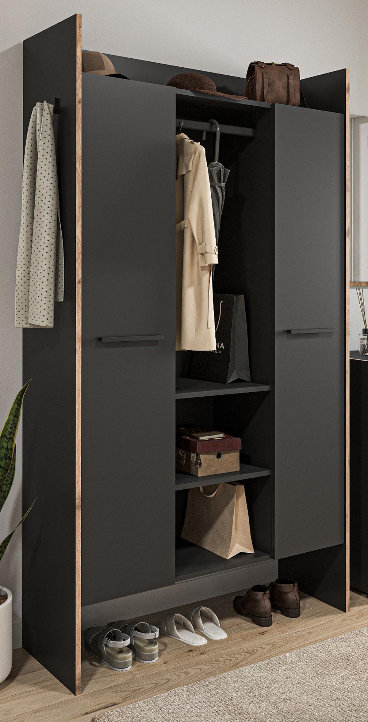 GARDEROBE grau und Nox Eiche, Kompaktgarderobe 105 x 189 cm, Salud - Dunkelgrau/Schwarz, Holzwerkstoff/Kunststoff (105/189/37cm) - Inn.Furn