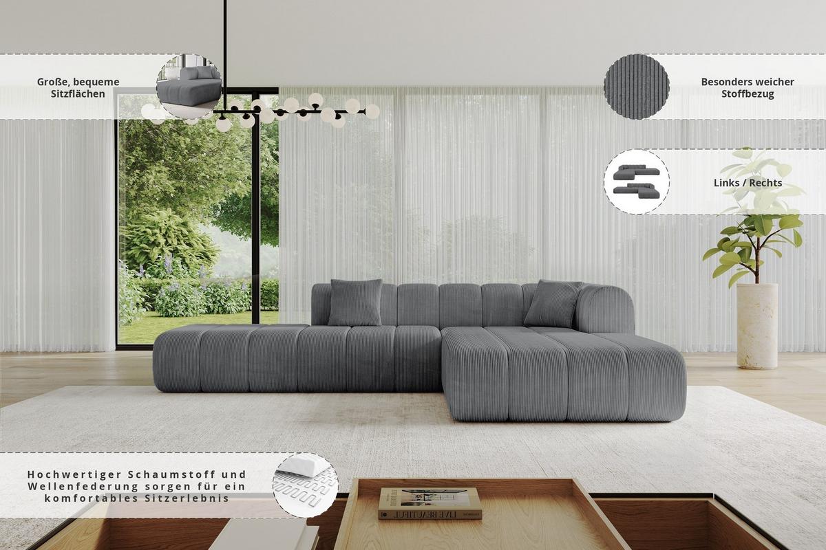 ECKSOFA Ottomane Rechts BILA-L 289x176x71 Dunkelgrau Cord - Dunkelgrau/Anthrazit, Holzwerkstoff/Kunststoff (289/176cm) - ALTDECOR