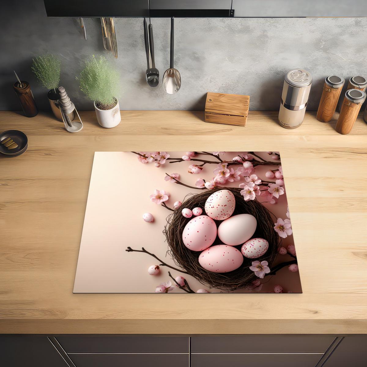 HERDABDECKPLATTE Rosa - Blüten - Eier Abdeckung Ceranfeld 59x51 cm - Hellrosa, Kunststoff (59/51/0.2cm) - MuchoWow