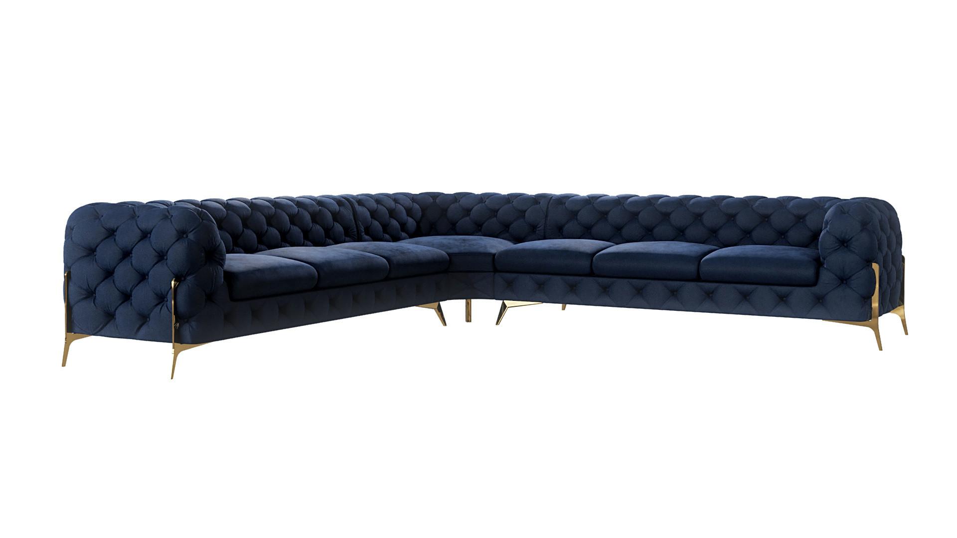 ECKSOFA Chesterfield Lexi Marineblau Samt - Goldfarben/Dunkelblau, Holz/Textil (323/323cm) - S-Style Möbel