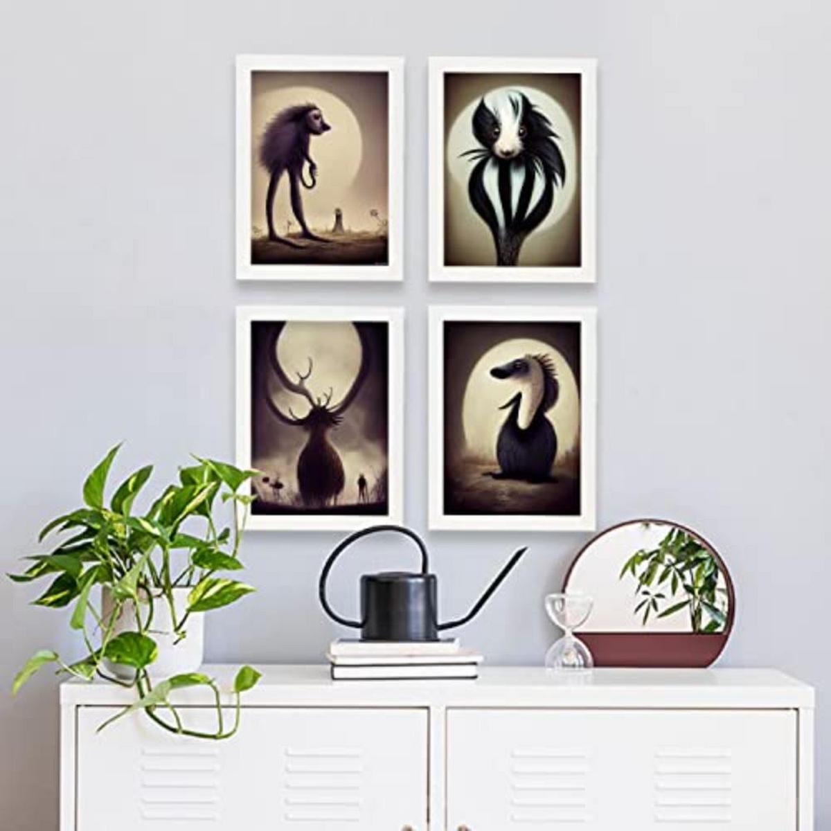 POSTER Set mit 4 Tier Braun im T Burton Goth Stil A4 Weißer Rahmen - Weiß, Papier (29.7/3cm) - Nacnic