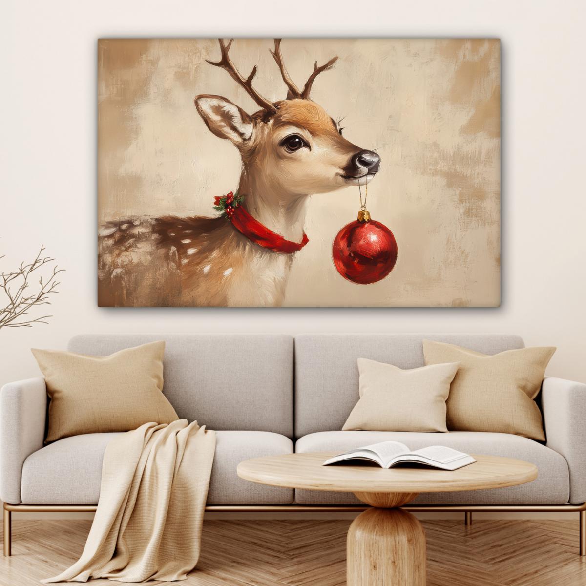 LEINWANDBILD Weihnachten - Hirsch - Geweih - Weihnachtskugel - Rentier Wohnzimmer Groß 120x80 cm - Hellbraun, Textil (120/80cm) - MuchoWow