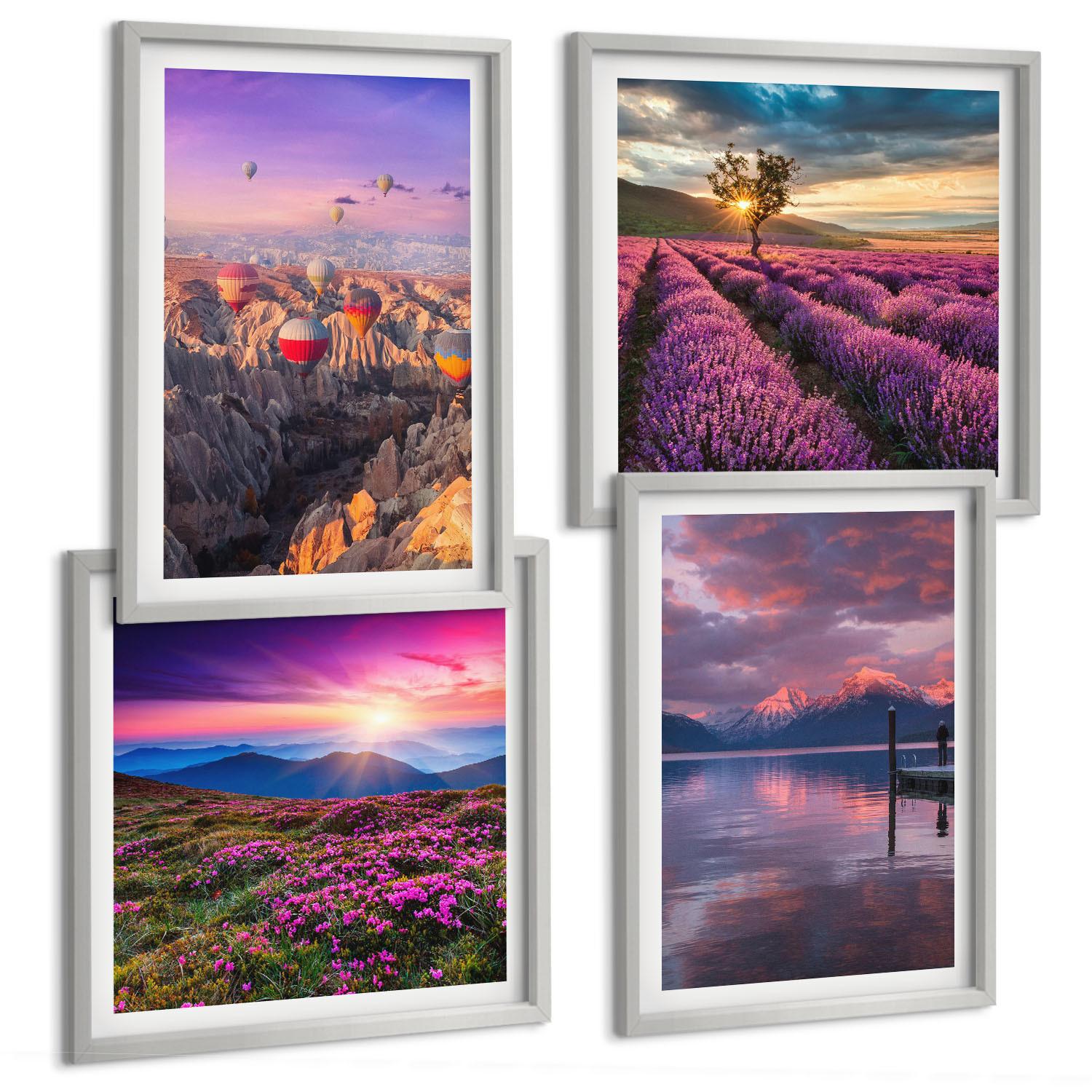 BILDER SET 4er Set - 50x50 cm & 40x60 cm Silberner Rahmen - Sonnenuntergang auf Lavendelfeldern - Silberfarben, Kunststoff (50/50cm) - TULUP