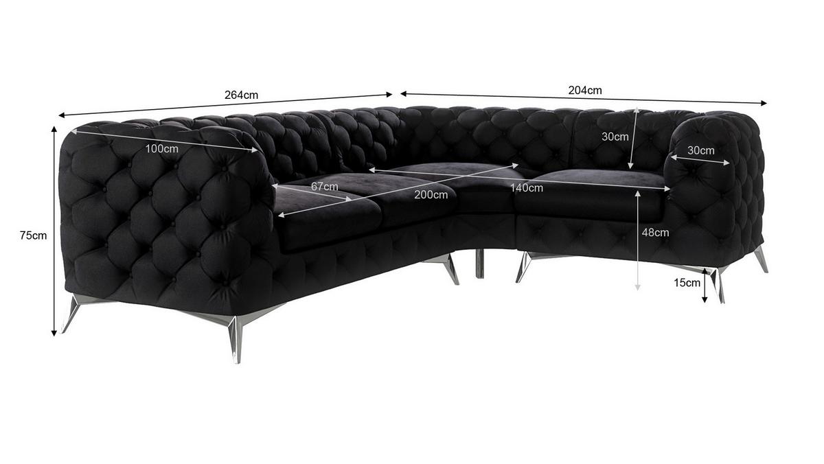 ECKSOFA Chesterfield Laura Schwarz Samt, Ottomane rechts - Silberfarben/Schwarz, Holz/Textil (264/204cm) - S-Style