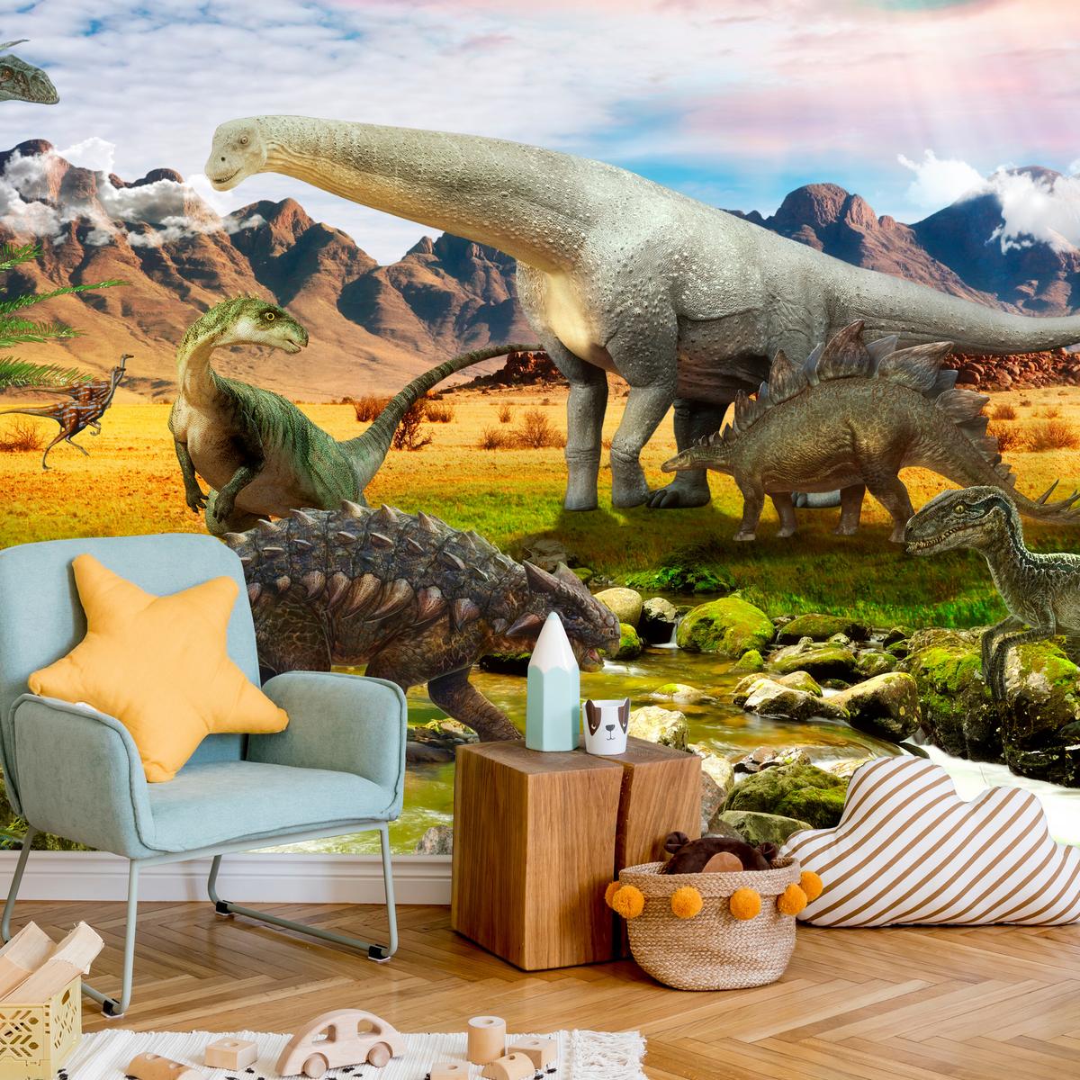 FOTOTAPETE für Kinderzimmer Dinosaurier Berge aus Felsen Bäume 100x70 - Multicolor, Papier (100/70cm) - Muralo
