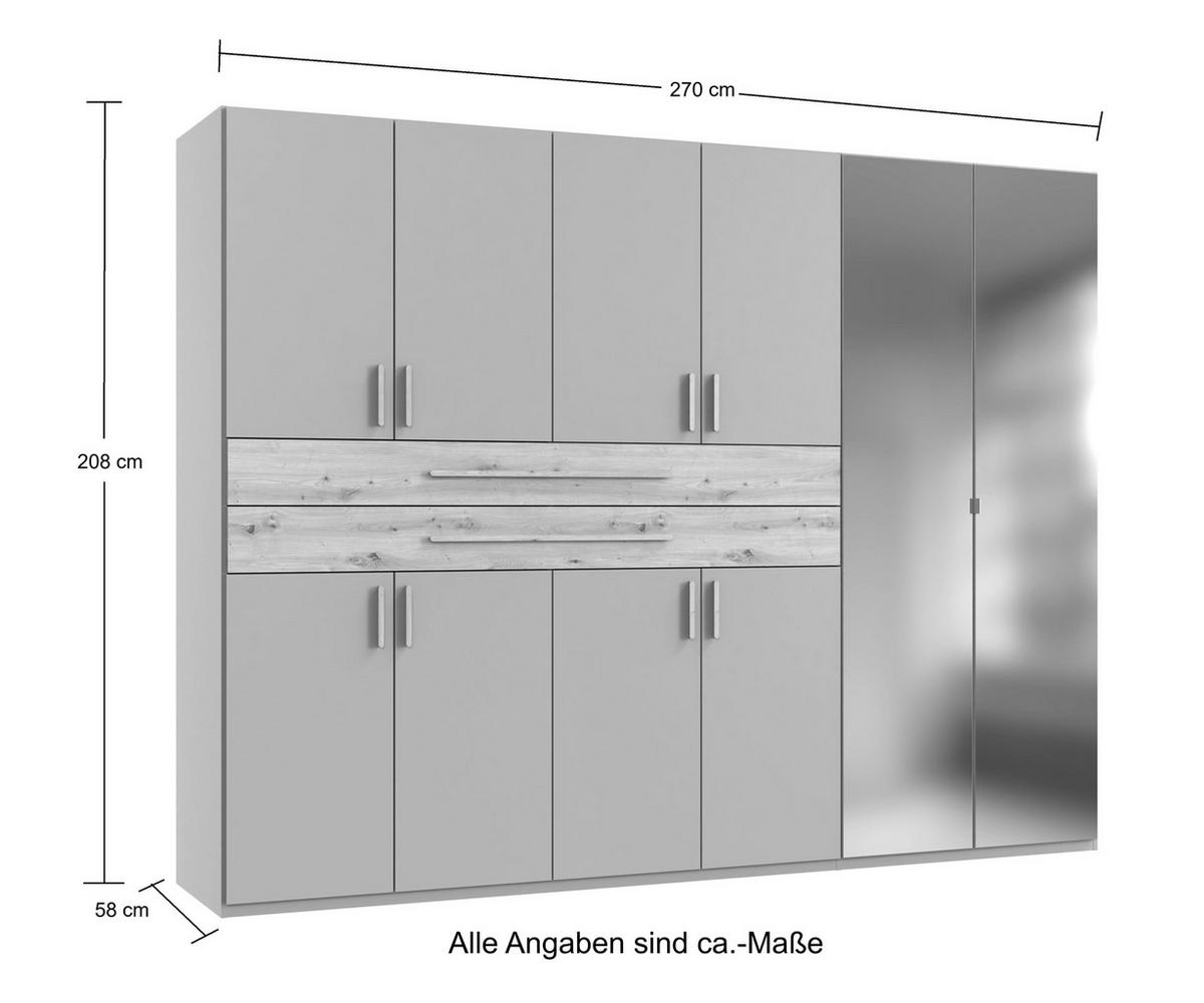 DREHTÜRENSCHRANK B270/H208/T58 cm in Grafit, Kleiderschrank mit 2 Spiegeltüren, 2 großen Schubkästen & Griffen in Eiche Artisan Dekor / 22649 - Graphitfarben/Eiche Artisan, Holzwerkstoff/Kunststoff (270/208/58cm) - luma-home