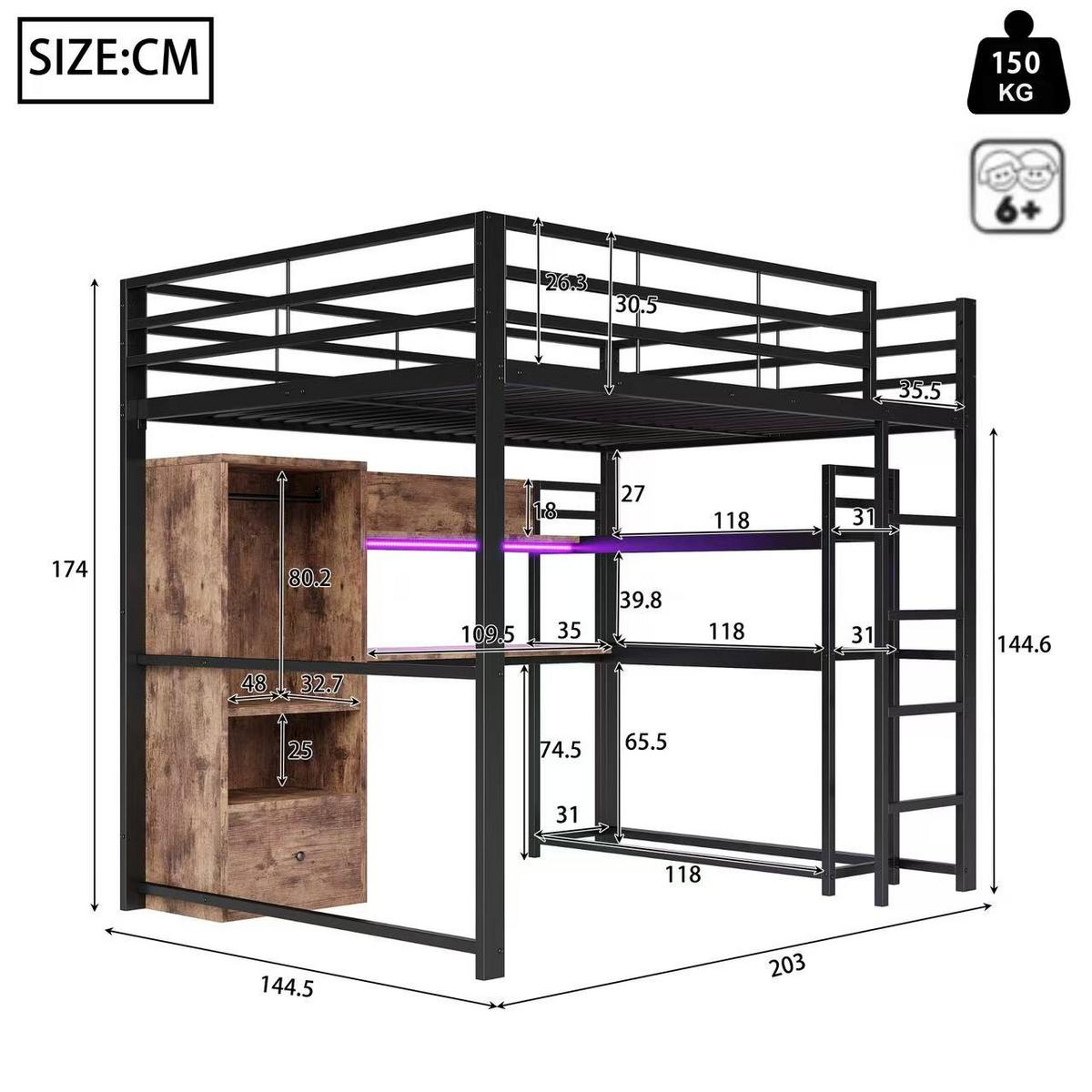 HOCHBETT metall schwarz 140x200cm mit schreibtisch led - Schwarz, Holzwerkstoff (140/200cm) - Urban Meuble