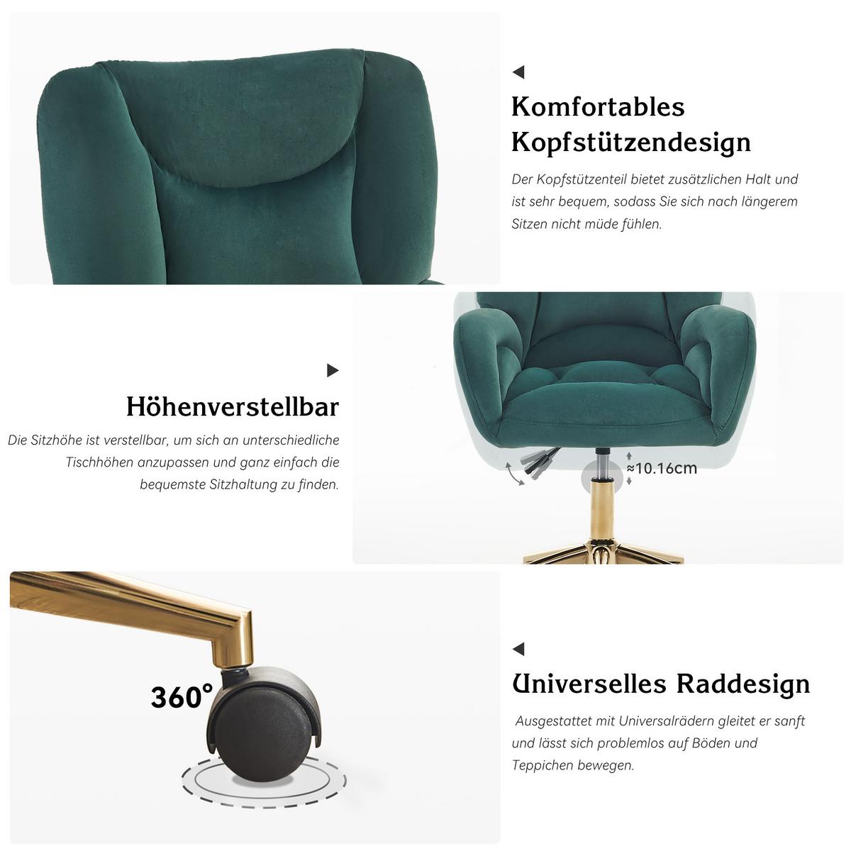 BÜROSTUHL Samt Höhenverstellbar Goldene Beine - Grün, Textil (64/92.5/62cm) - Urban Meuble