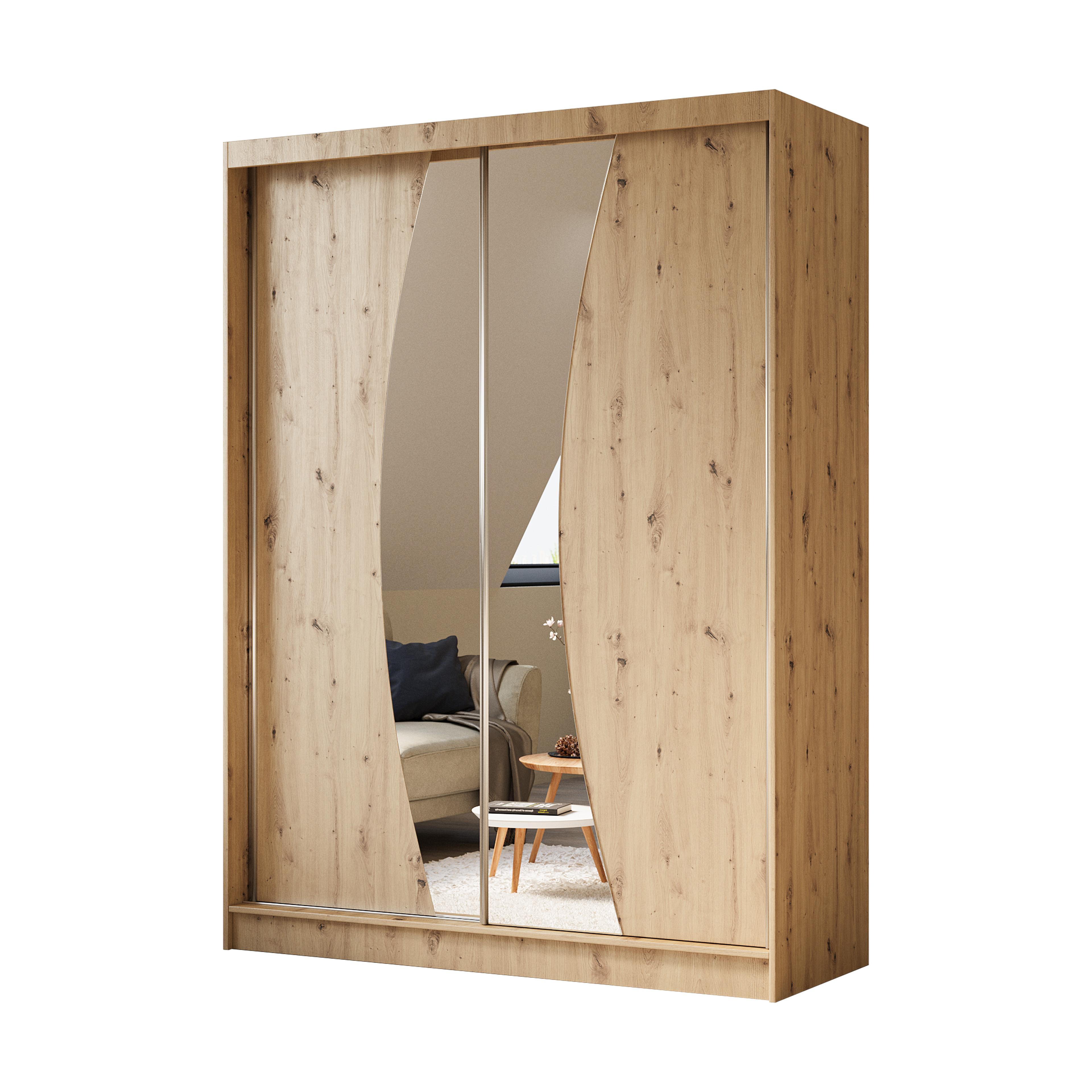 KLEIDERSCHRANK mit Spiegel-Schiebetüren und Aluminium-Leisten - VOXI - 160 cm Eiche Artisan - Eiche Artisan, Holzwerkstoff (160/216/61cm) - ALTDECOR