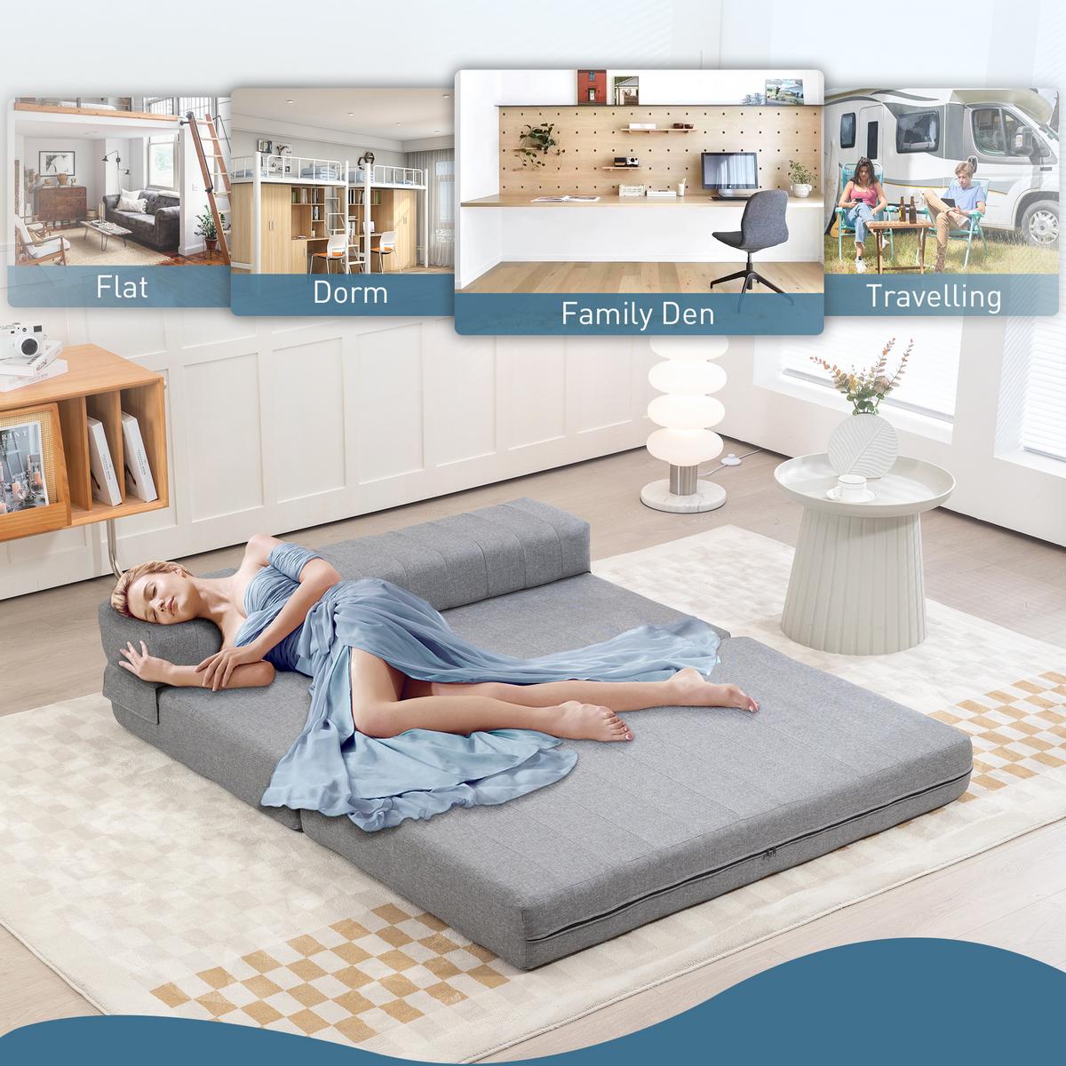 BODENSOFA 2-in-1 Klappbar Schlafsofa mit Leinenoptik für Wohnzimmer Grau - Grau, Textil (80/50/138cm) - HOMCOM