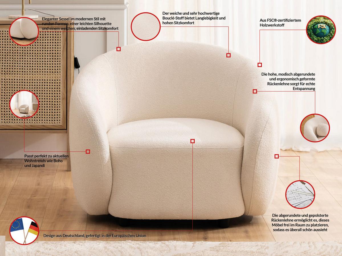 SESSEL Roundi Cremeweiß Bouclé - Creme/Schwarz, Holz/Kunststoff (90/76/80cm) - S-Style Möbel