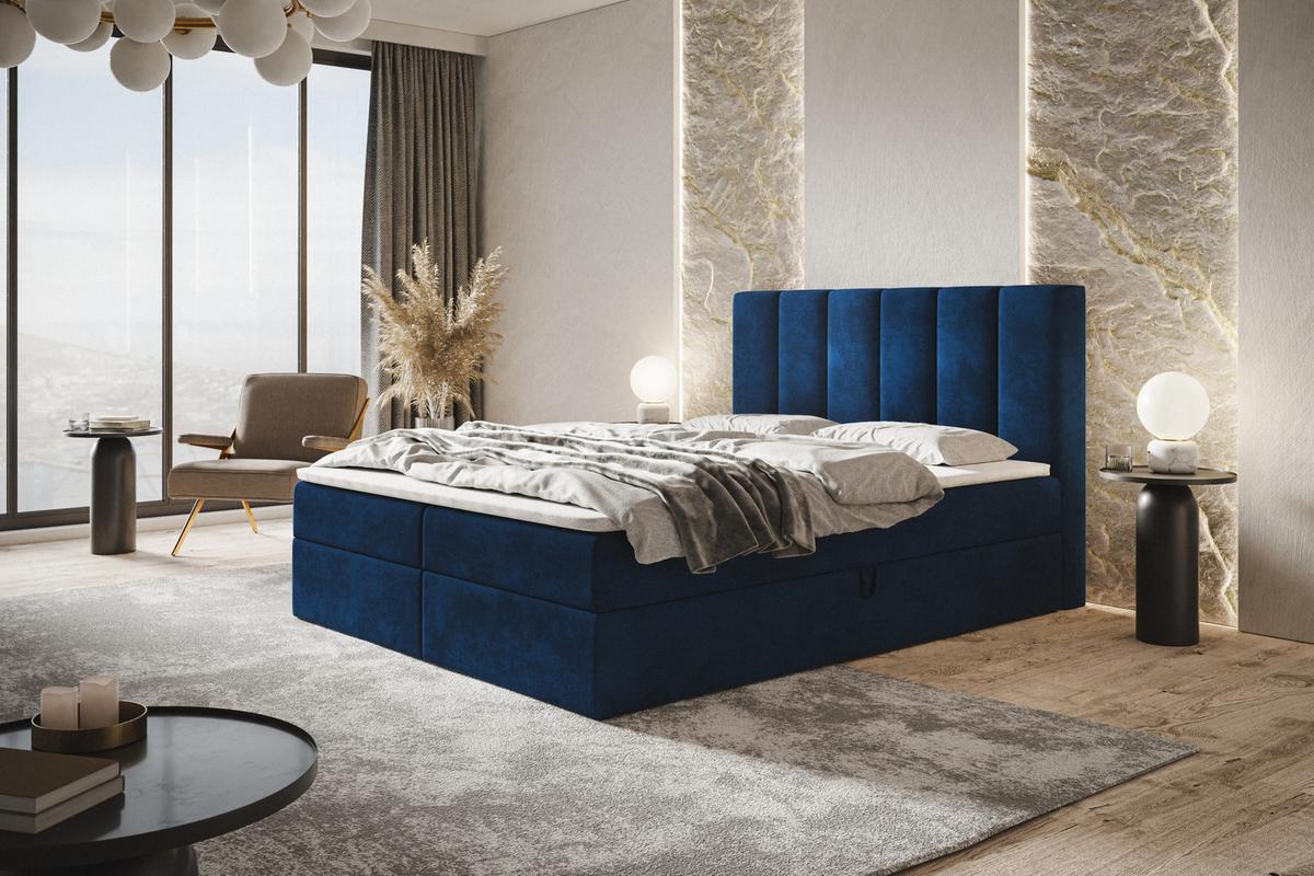 BOXBETT TOKIO mit 2 Bettkästen, 160x200, Farbe: Dunkelblau, Velourstoff, Doppelbett mit Bonell-Matratze - Dunkelblau, Holz/Kunststoff (160/200cm) - Alpi-Möbel