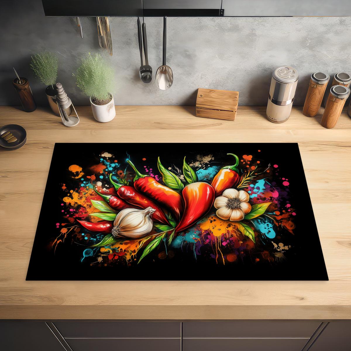 HERDABDECKPLATTE Gemüse - Paprika - Knoblauch - Graffiti - Farbe - Bunt Induktionsschutz 81.6x52.7 cm - Rot, Kunststoff (81.6/52.7/0.2cm) - MuchoWow