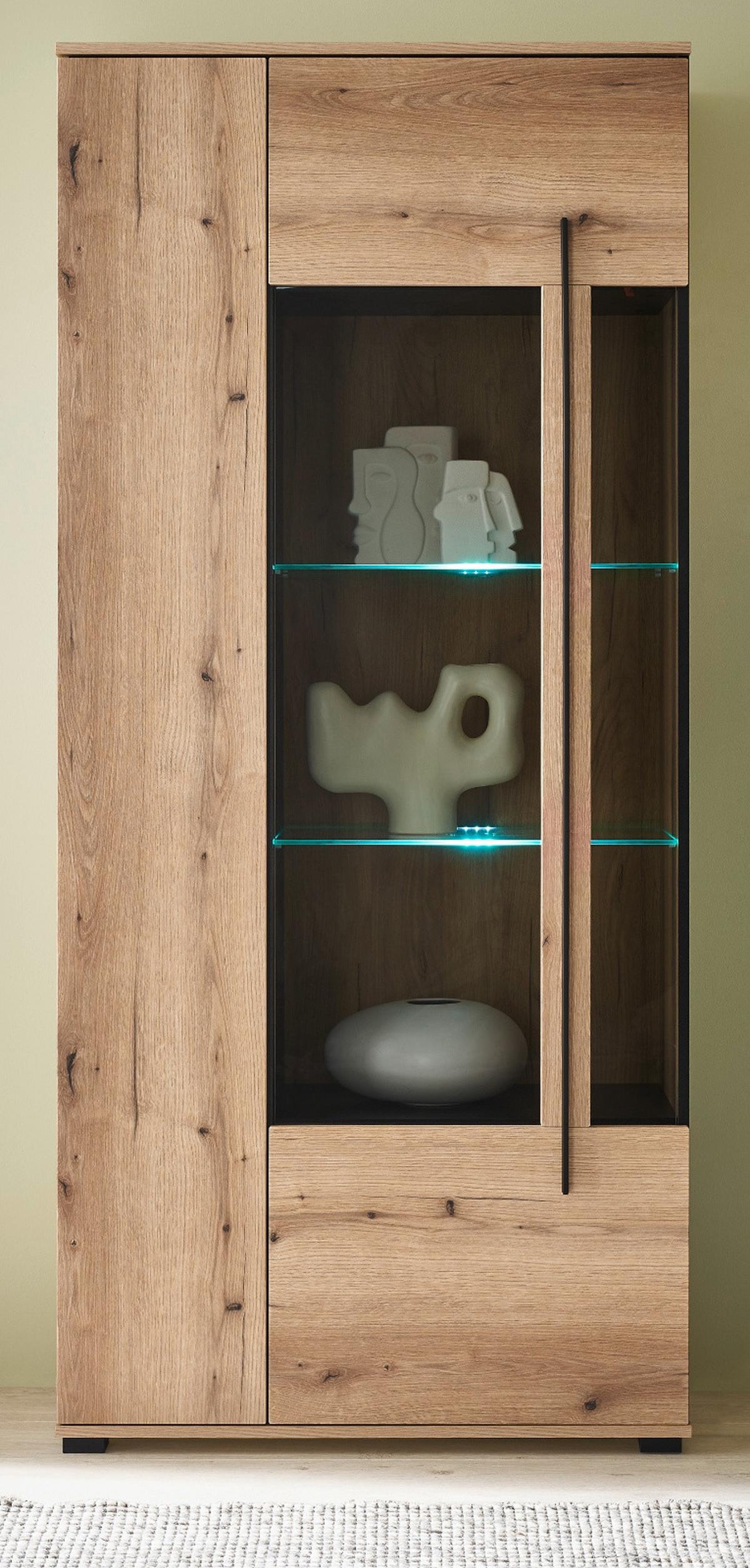 VITRINE Eiche Evoke, großer Vitrinenschrank 90 x 200 cm inklusive Beleuchtung - Eichefarben/Schwarz, Glas/Holzwerkstoff (90/200/37cm) - Furn.Design