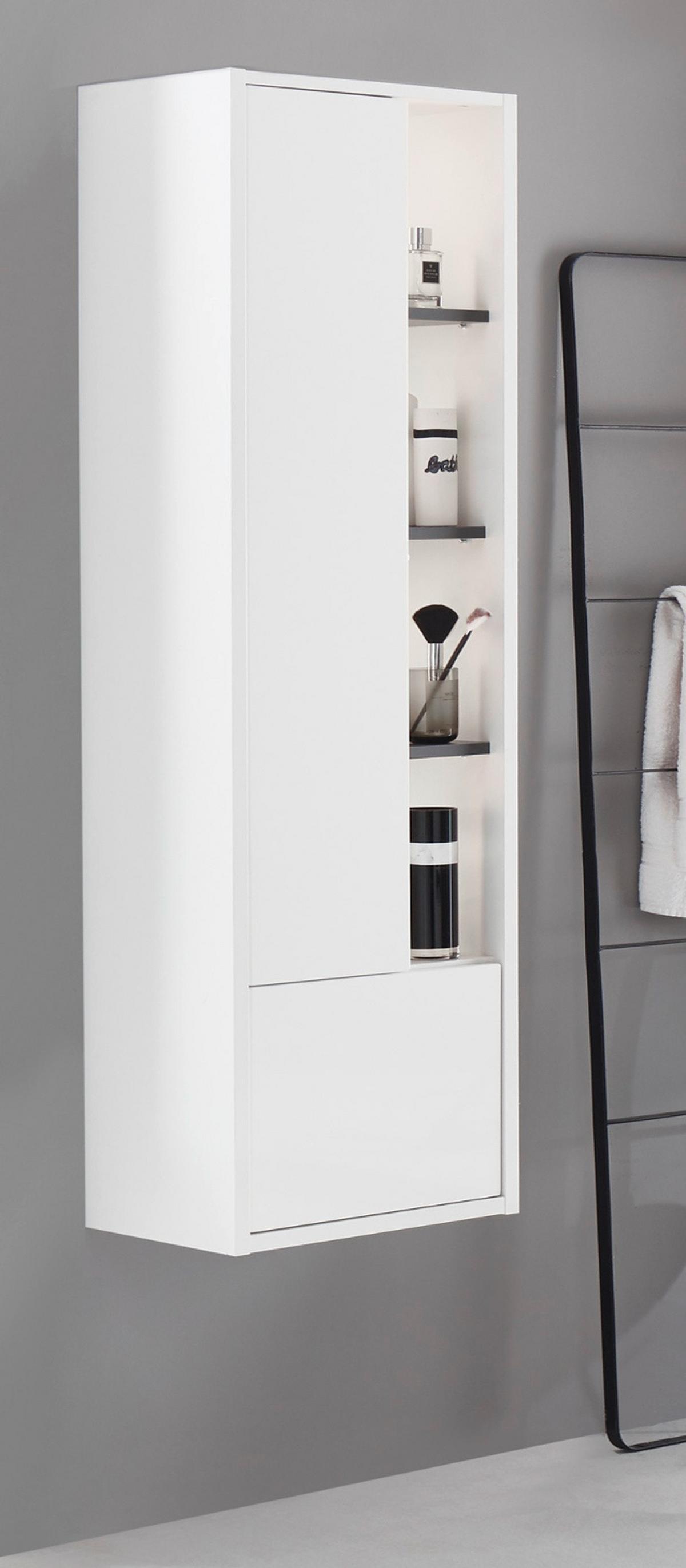 BADSCHRANK weiß Hochglanz, grau, Badezimmer Hochschrank inklusive Beleuchtung - Weiß Hochglanz/Grau, Holzwerkstoff (45/150/30cm) - Furn.Design