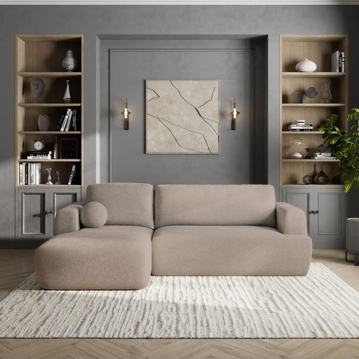 ECKSOFA SENTI N L-S Beige Boucle-Stoff mit Schlaffunktion - Beige/Schwarz, Holz/Kunststoff (246/148cm) - MASSENO