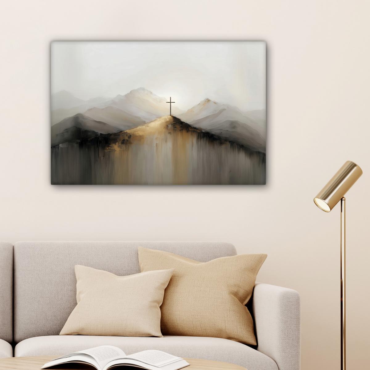 LEINWANDBILD Hügel - Abstrakt - Kreuz - Christentum Wanddeko 90x60 cm - Beige, Textil (90/60cm) - MuchoWow
