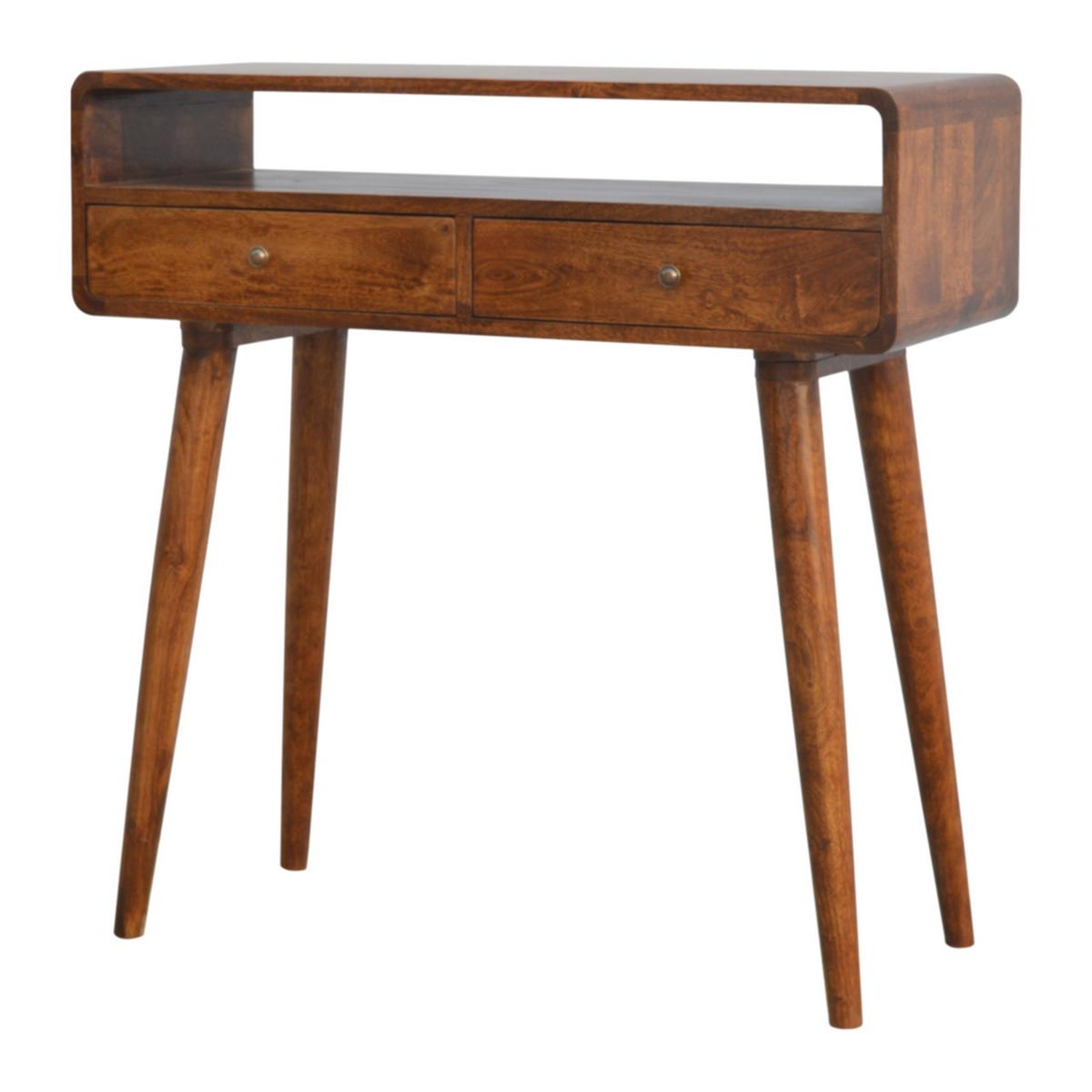 GEKRÜMMTES KONSOLENTISCH im Kastanienholz-Finish, 2 Schubladen, 1 Offenes Fach, Beine im Nordischen Stil, Braun - Messingfarben/Braun, Holz/Metall (35/90/90cm) - Artisan Furniture