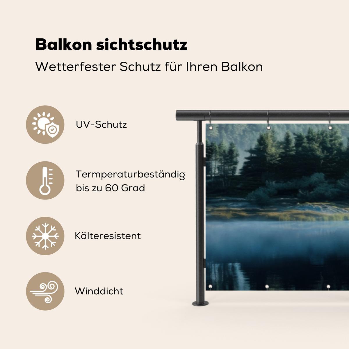 BALKON-SICHTSCHUTZ See - Nebel - Berge - Landschaft Balkon Deko 500x75 cm - Hellblau, Kunststoff (500/75cm) - MuchoWow