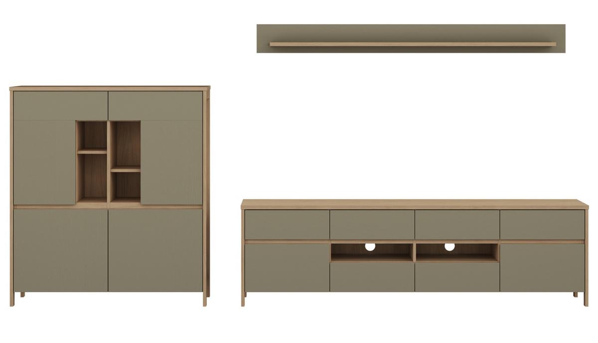 WOHNWAND Salbei grün, Eiche, Wohnkombination skandinavisch 3-teilig 319 cm, Soft-Close - Salbeigrün/Eichefarben, Glas/Holzwerkstoff (319/170/39cm) - Furn.Design