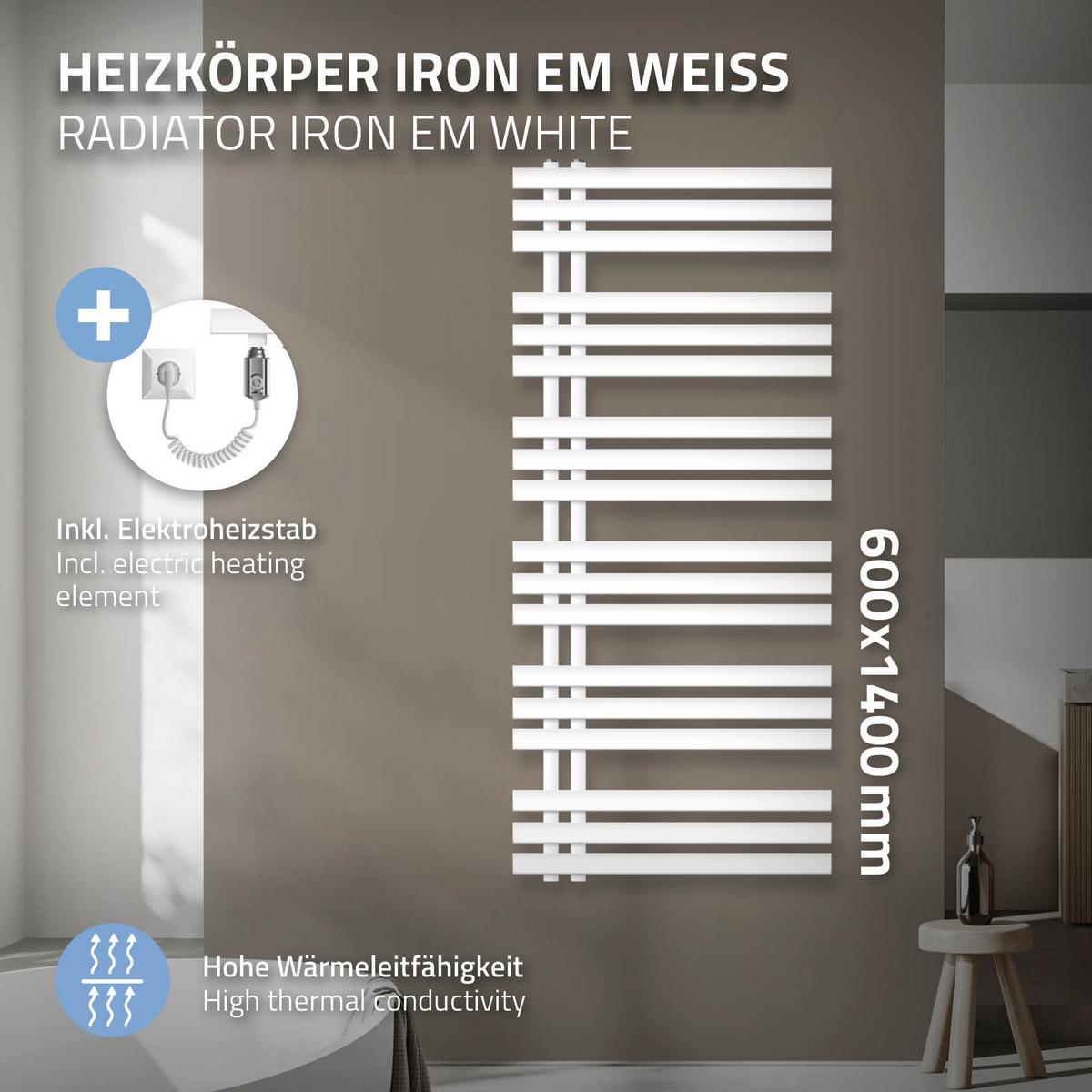 BADHEIZKÖRPER elektrisch Iron EM 600x1400 mm Weiß mit Heizstab 900W - Weiß, Metall (60/140/3cm) - LuxeBath