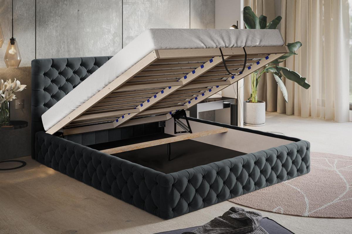 BETT 90x200 - Polsterbett mit Bettkasten und Holzrahmen - Elegant Betten - Weicher Jasminstoff - Kollektion Miami, Dunkelgrau - Dunkelgrau, Holz/Textil (90/200cm) - Alpi-Möbel