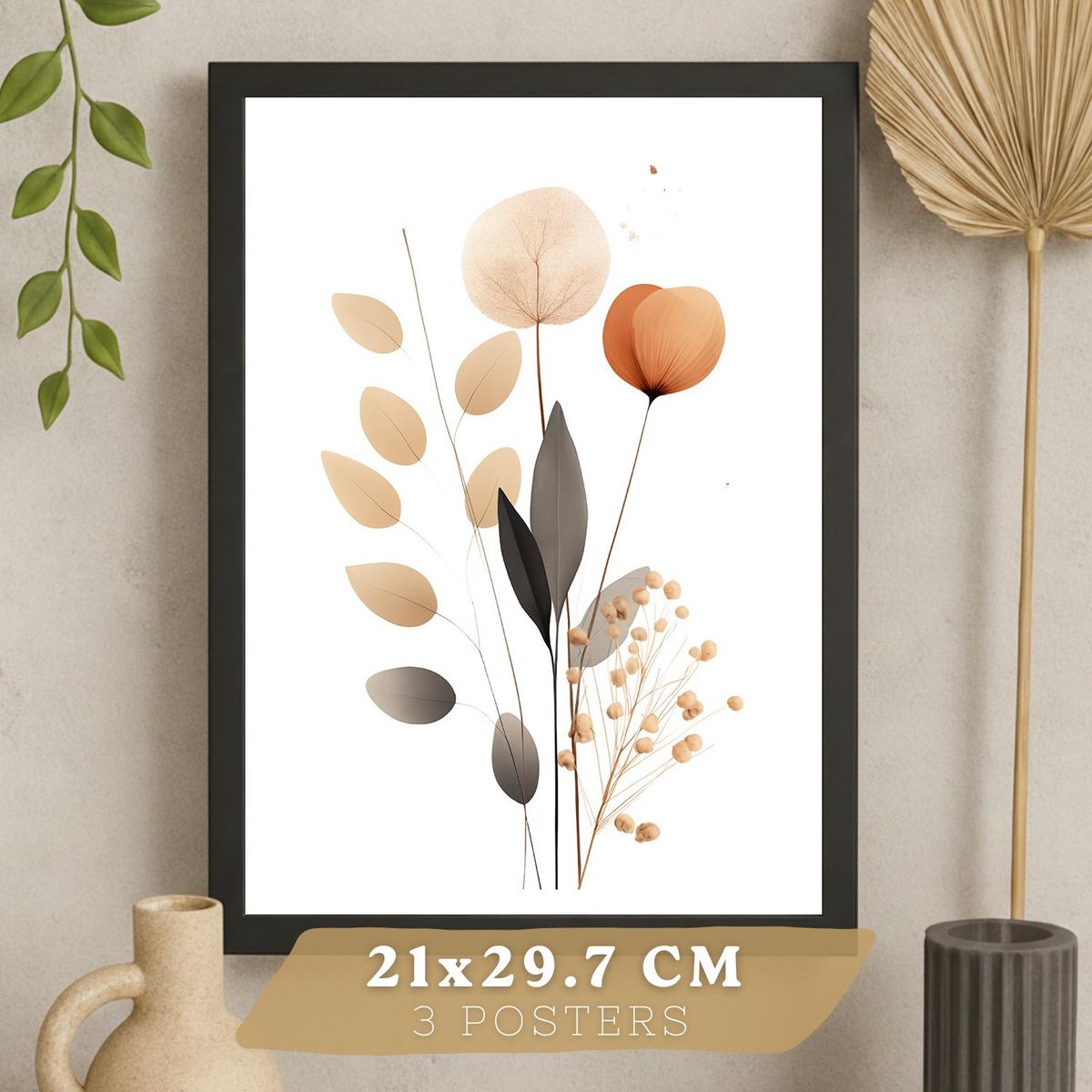 POSTER 3er-Set Wandbilder Orange Blumen modern Wohnzimmer Deko, Schlafzimmer, Küche, Badezimmer Schwarzer Rahmen A3 - Schwarz, Papier (29.7/1/42cm) - Nacnic