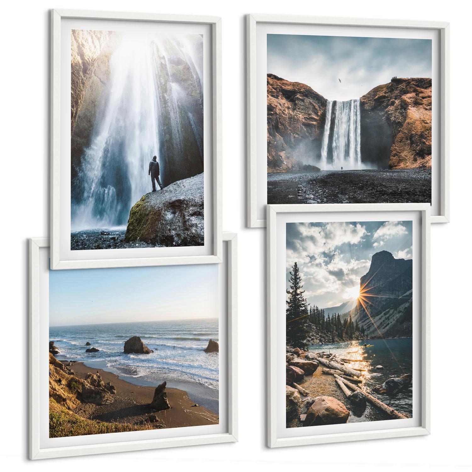 BILDER SET 4er Set - 50x50 cm & 40x60 cm Weißer Rahmen - Wasserfälle, Berge, Landschaften, Natur - Weiß, Kunststoff (50/50cm) - TULUP