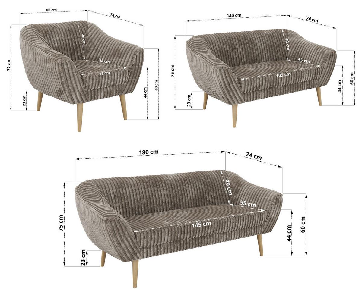 SITZGARNITUR PIRS 3+2+1 - Hellbraun Cord - Holzbeine - Hellbraun/Buchefarben, Holzwerkstoff/Textil (180/75/74cm) - MKS