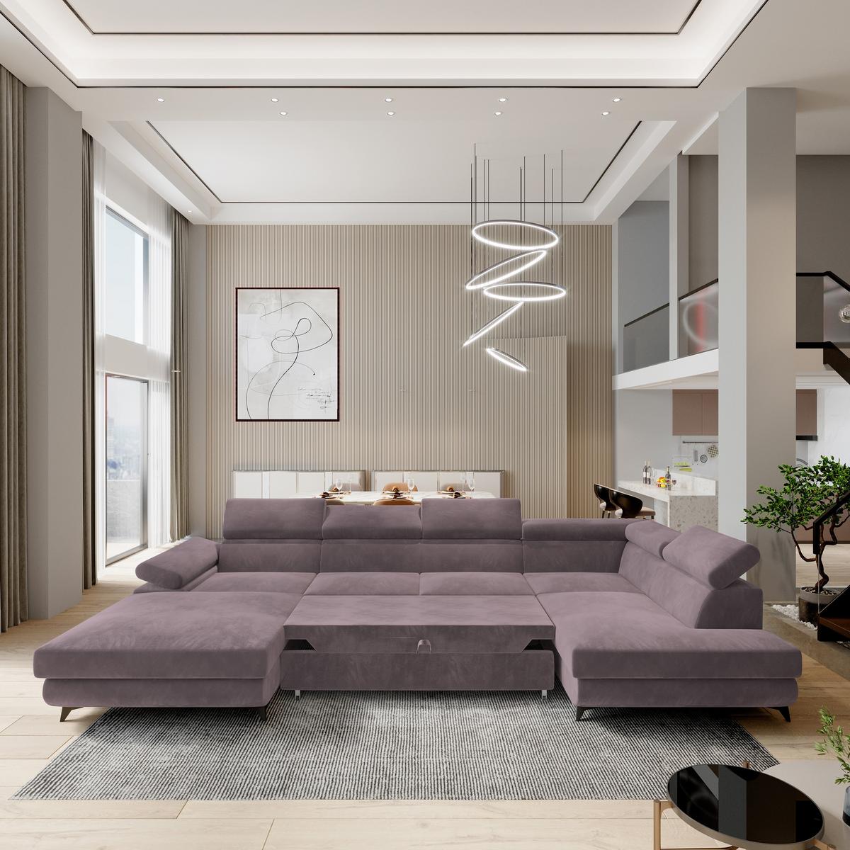 WOHNLANDSCHAFT RUBANO R-S Lila Velours-Stoff mit Schlaffunktion - Lila, Holz (339/89/190cm) - MASSENO