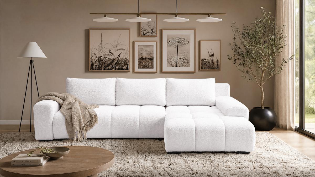 ECKSOFA Ovia mit Bettkasten und Schlaffunktion, Bouclé-Stoff in L-Form - Weiß, Textil (270/185cm)