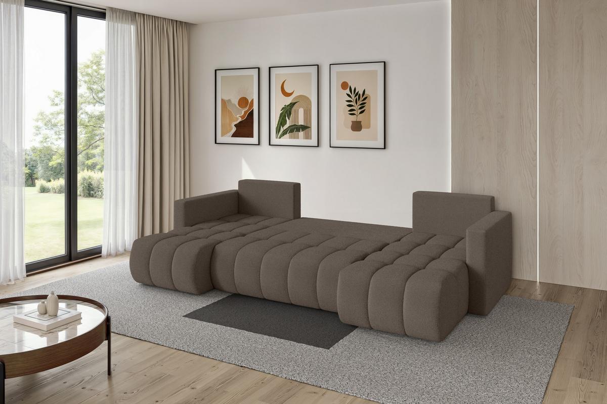 WOHNLANDSCHAFT mit Schlaffunktion und Bettkasten GARD-U 300x146x85 Braun Bouclé - Schwarz/Braun, Holzwerkstoff/Kunststoff (300/85/146cm) - ALTDECOR