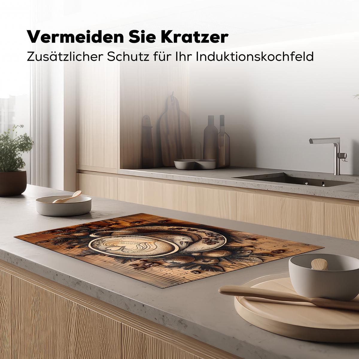 HERDABDECKPLATTE Kaffee - Vintage - Braun - Tasse - Holz Ceranfeldabdeckung 80x52 cm - Cappuccino, Kunststoff (80/52/0.2cm) - MuchoWow