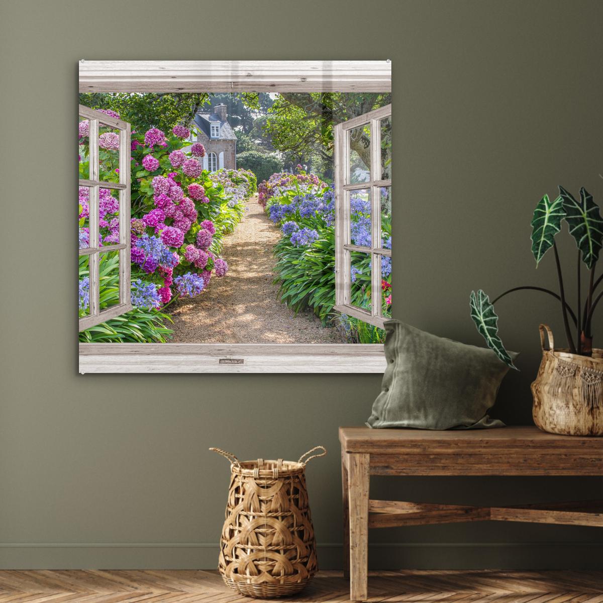 ACRYLGLASBILD Hortensie - Durchsichtig - Blumen - Sommer - Lila - Weg 90x90 cm - Lila, Glas (90/90cm) - MuchoWow