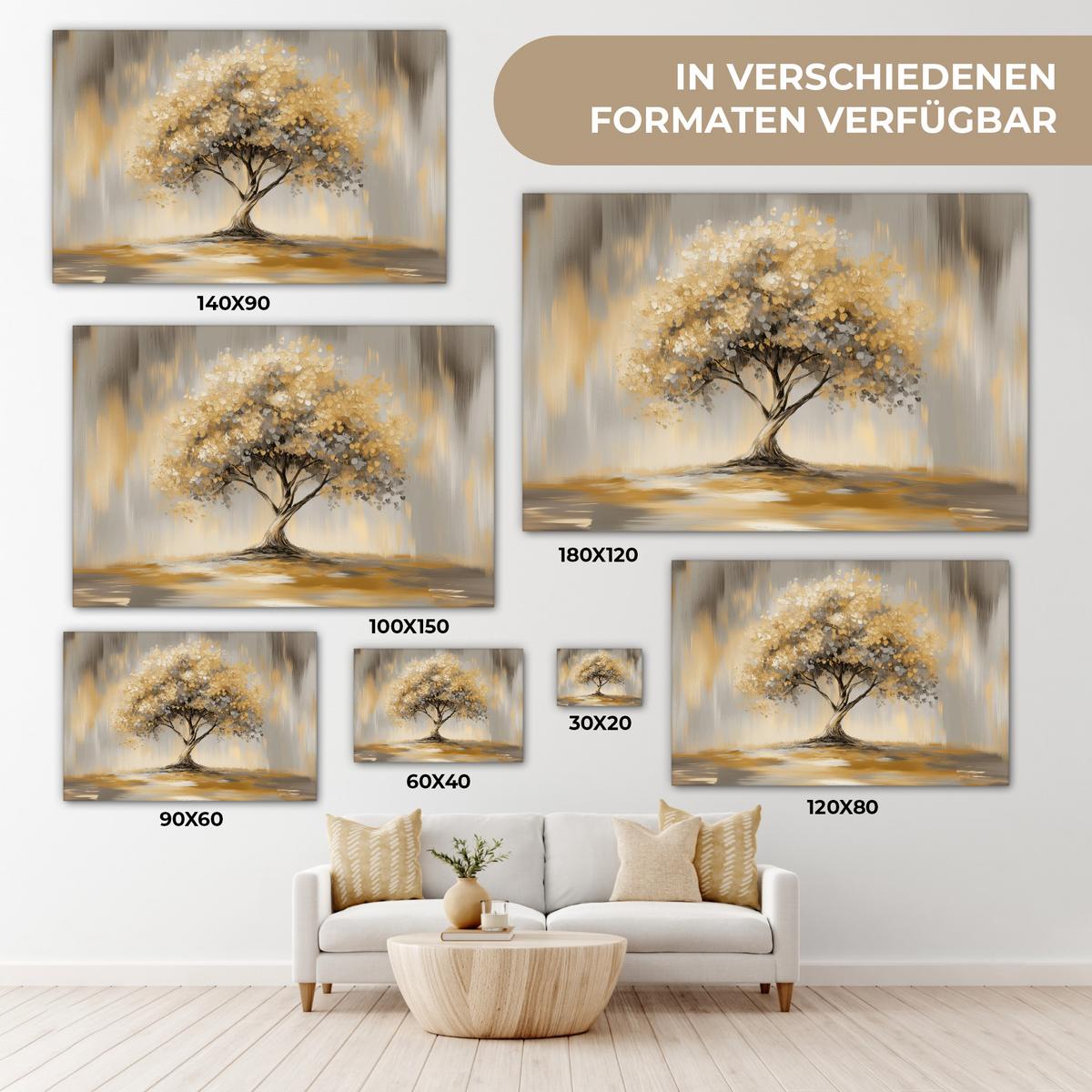 LEINWANDBILD Gemälde - Baum - Abstrakt - Blätter Deko Schlafzimmer 30x20 cm - Beige, Textil (30/20cm) - MuchoWow