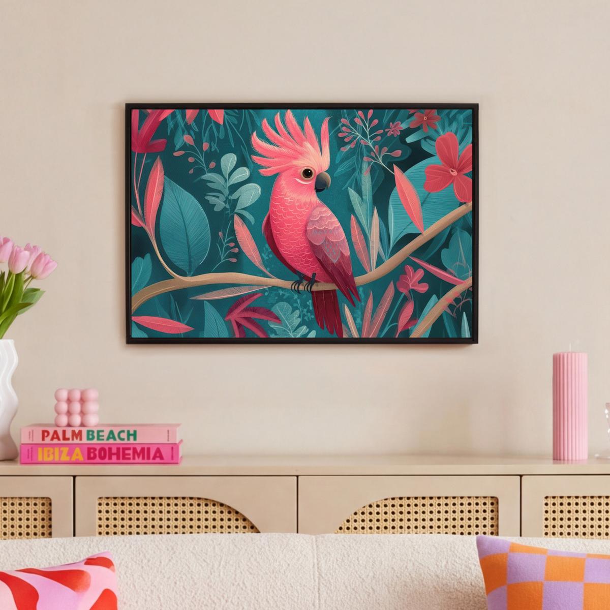 LEINWAND Bilder mit Rahmen - Kakadu - Tropische Blätter - Zweig - 60x40 - Petrol, Textil (60/40cm) - MuchoWow
