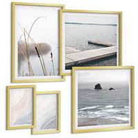 BILDER SET 5er Set - 50x50 cm & 20x30 cm & 40x60 cm Goldrahmen - Abstrakte Pastellwellen - Goldfarben, Kunststoff (40/60cm) - TULUP