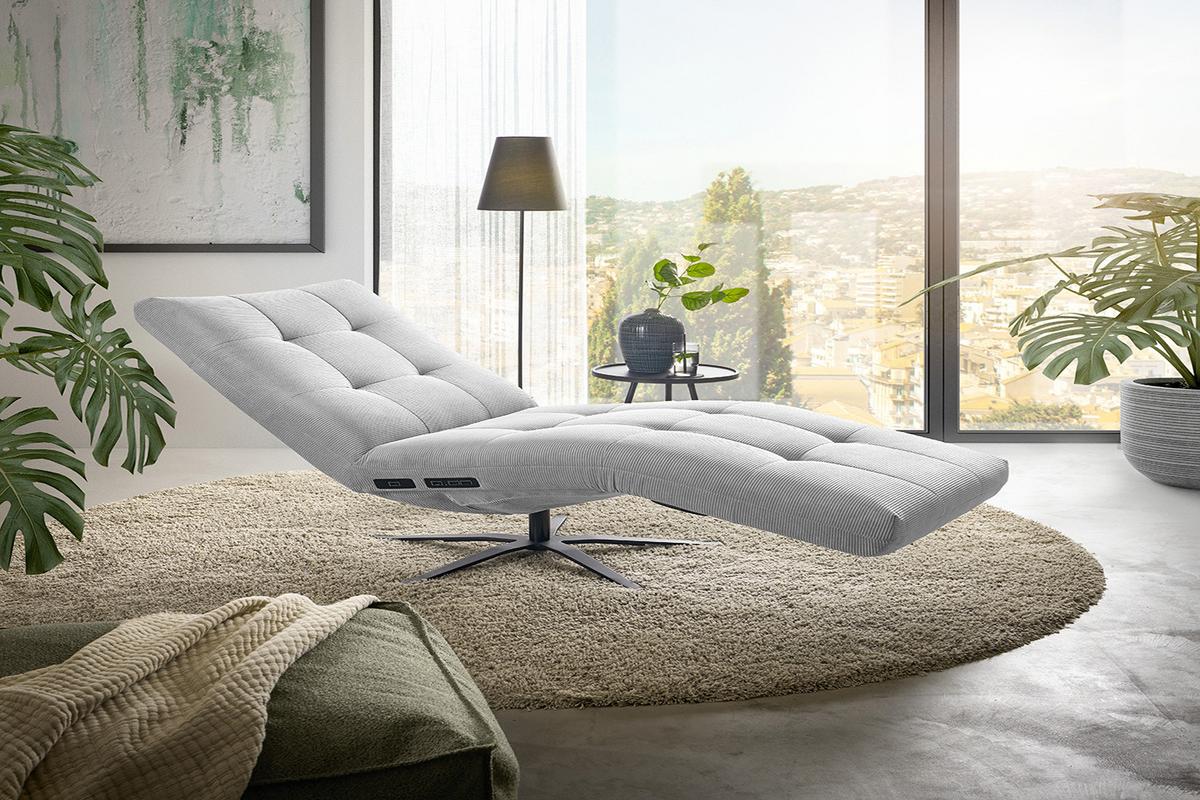 RELAXLIEGE LETICIA Silber Cord Drehbar (360°), Relaxfunktion - Silberfarben/Schwarz, Textil/Metall (82/115/156cm) - KAWOLA